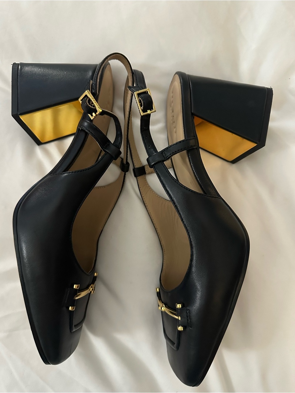 Ted Baker London Black Leather Slingback Block Heels with Gold Accent - Picture 6 of 9